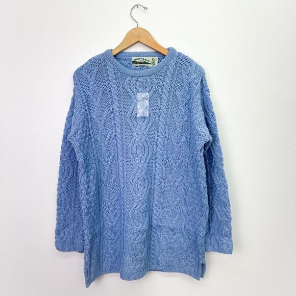 Aran Crafts Men’s Merino Wool Made in Ireland Light Blue Chunky Fisherman Knit S - Picture 1 of 11